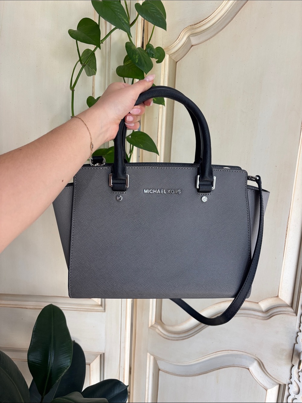 Michael Kors Gray Saffiano Top-Handle Satchel